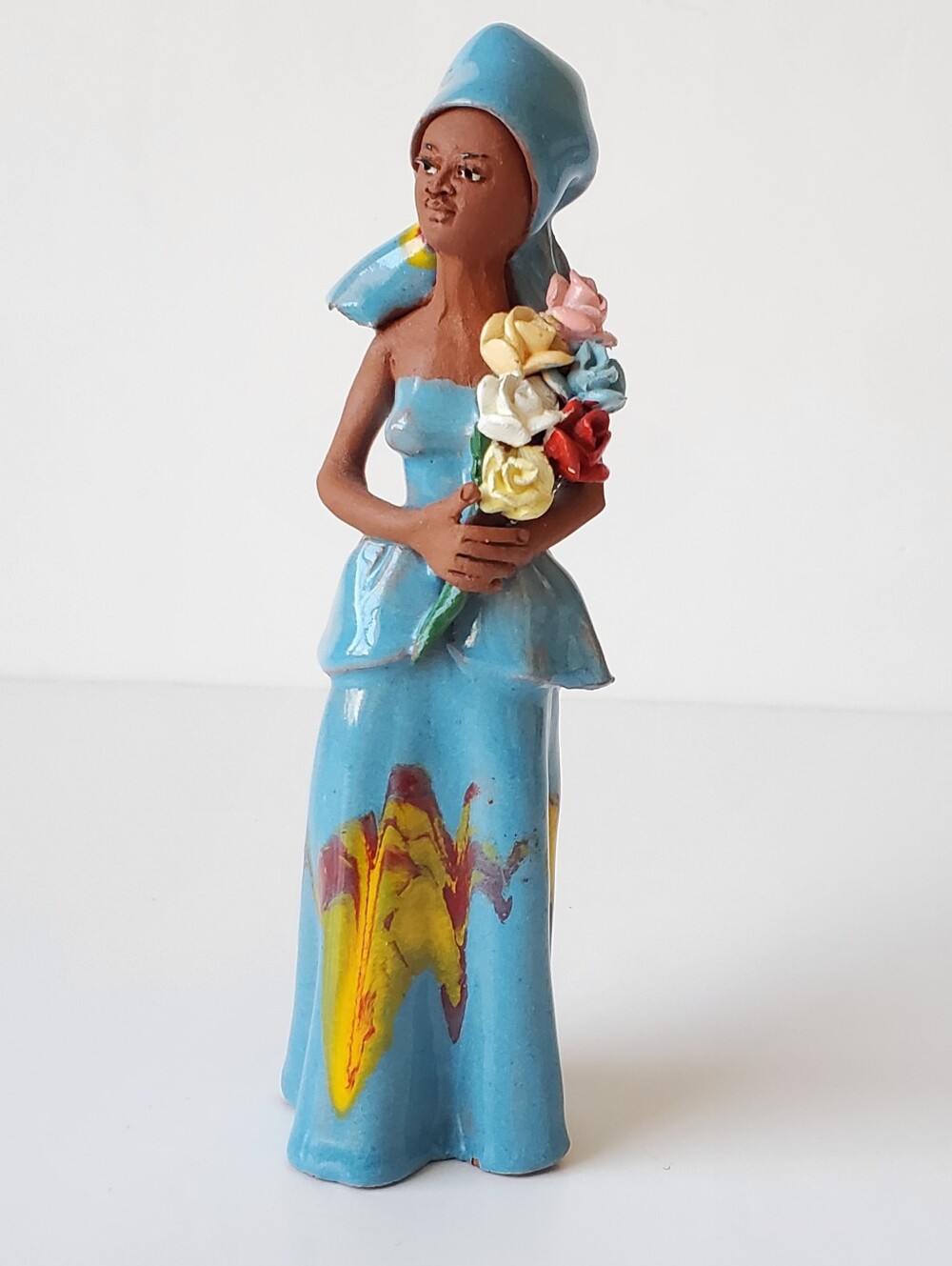 VTG Jamaican Folk Art Clay Figurine Caribbean Woman Blue Dress Flower Bouquet
